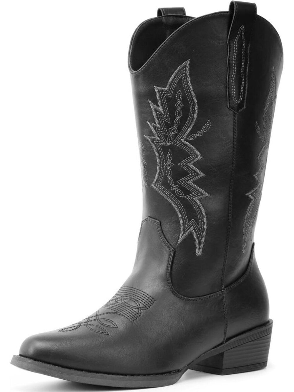 Women Black Square Toe Mid Calf Embroidered Western Low Heel Cowboy Boots
